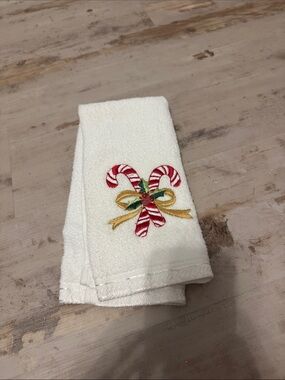 White Holiday Candy Cane Embroidered Hand Towel -